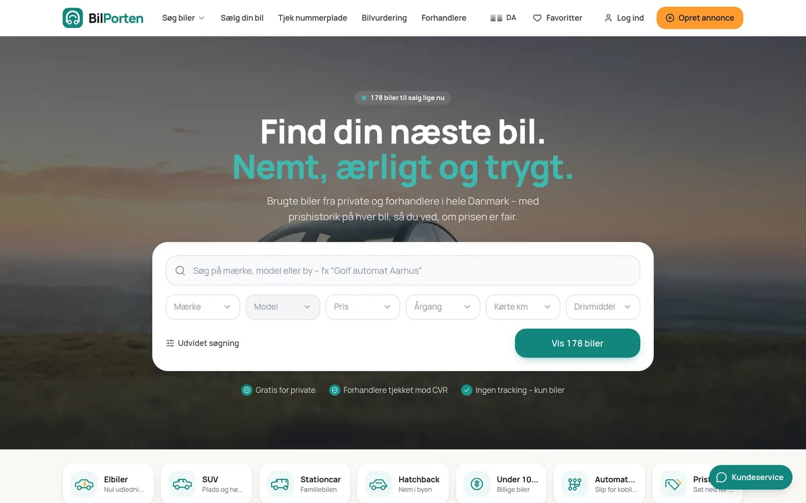 BilPorten — bilportal bygget af Selino, forsiden med søgning