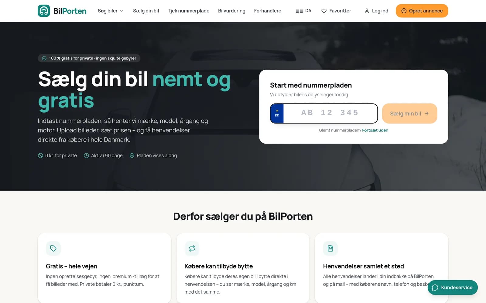 BilPorten: opret annonce ved at taste nummerpladen — bilens data hentes automatisk